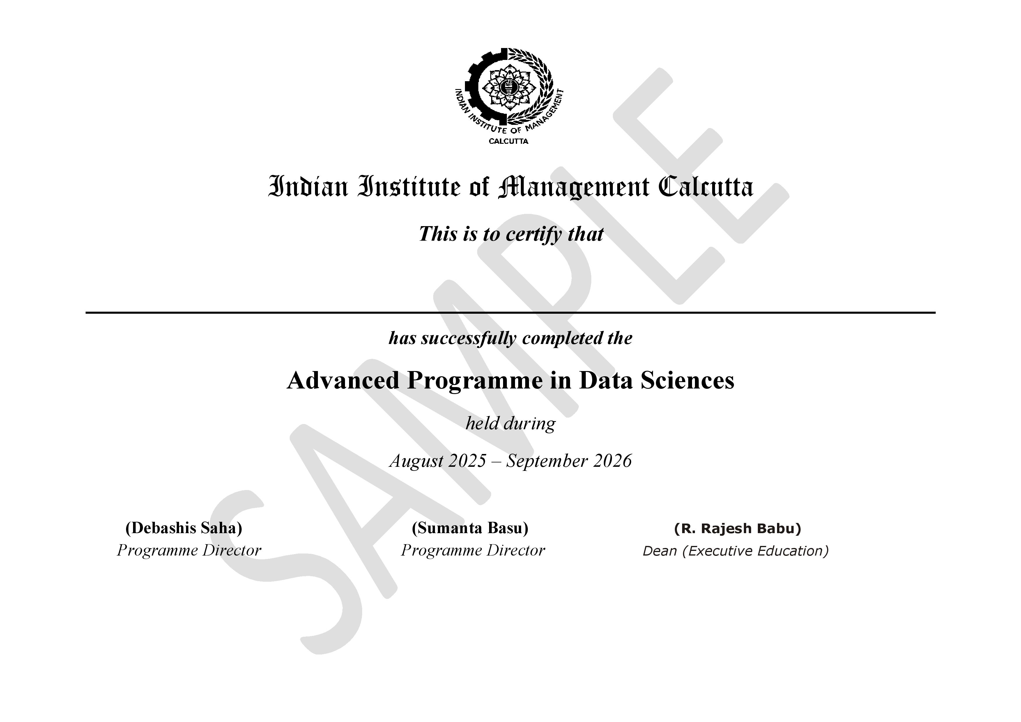 Advanced Data Science Program Certificate from IIM Calcutta